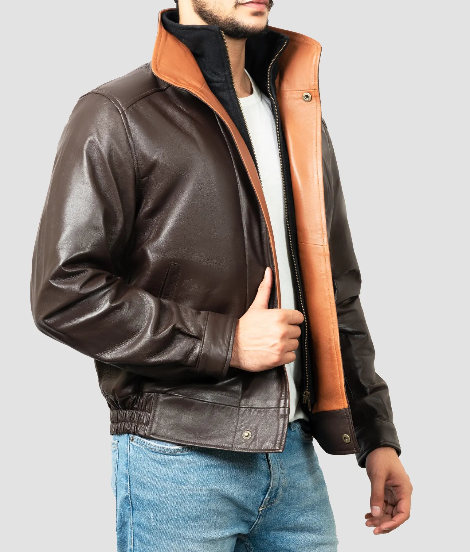 Ethan Mens Brown Leather Bomber Jacket | Mens Brown Leather Bomber Jacket-3