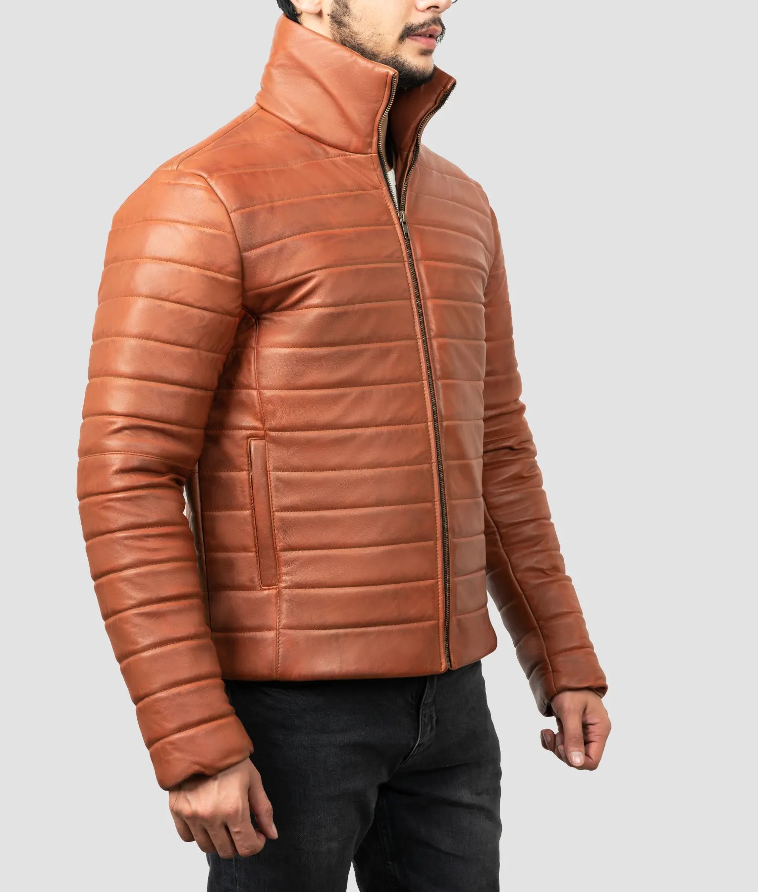 Fred Mens Brown Leather Puffer Jacket | Mens Brown Leather Puffer Jacket-2