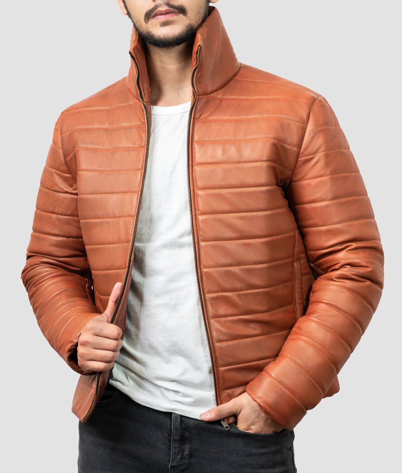 Fred Mens Brown Leather Puffer Jacket | Mens Brown Leather Puffer Jacket-3