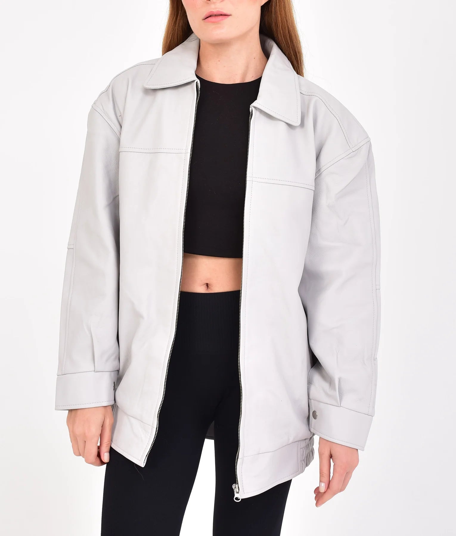 Jaclyn Womens Oversize Grey Leather Jacket | Womens Oversize Grey Leather Jacket-2