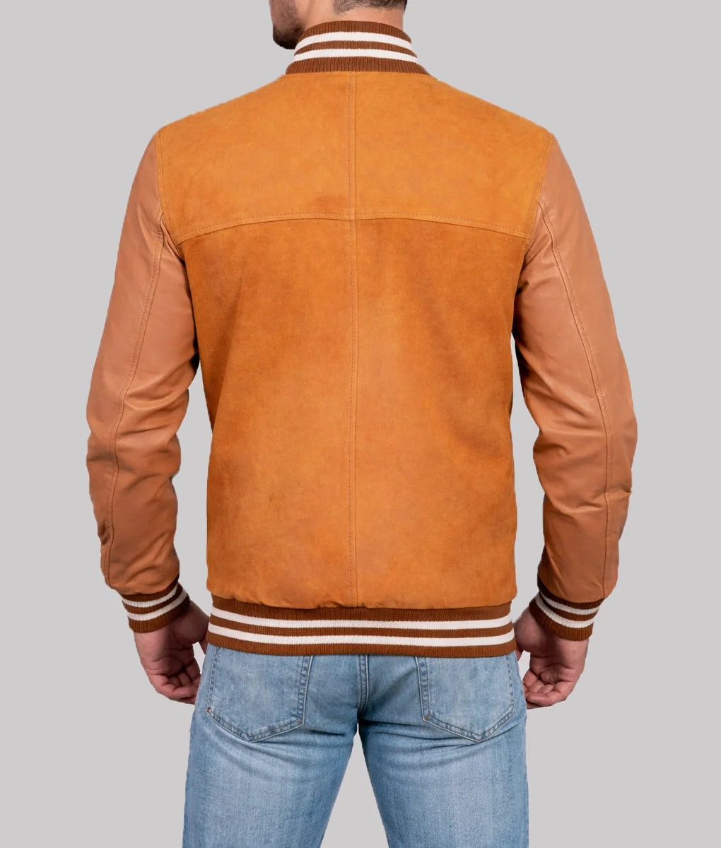 Juan Mens Camel Brown Suede Leather Varsity Jacket - Front