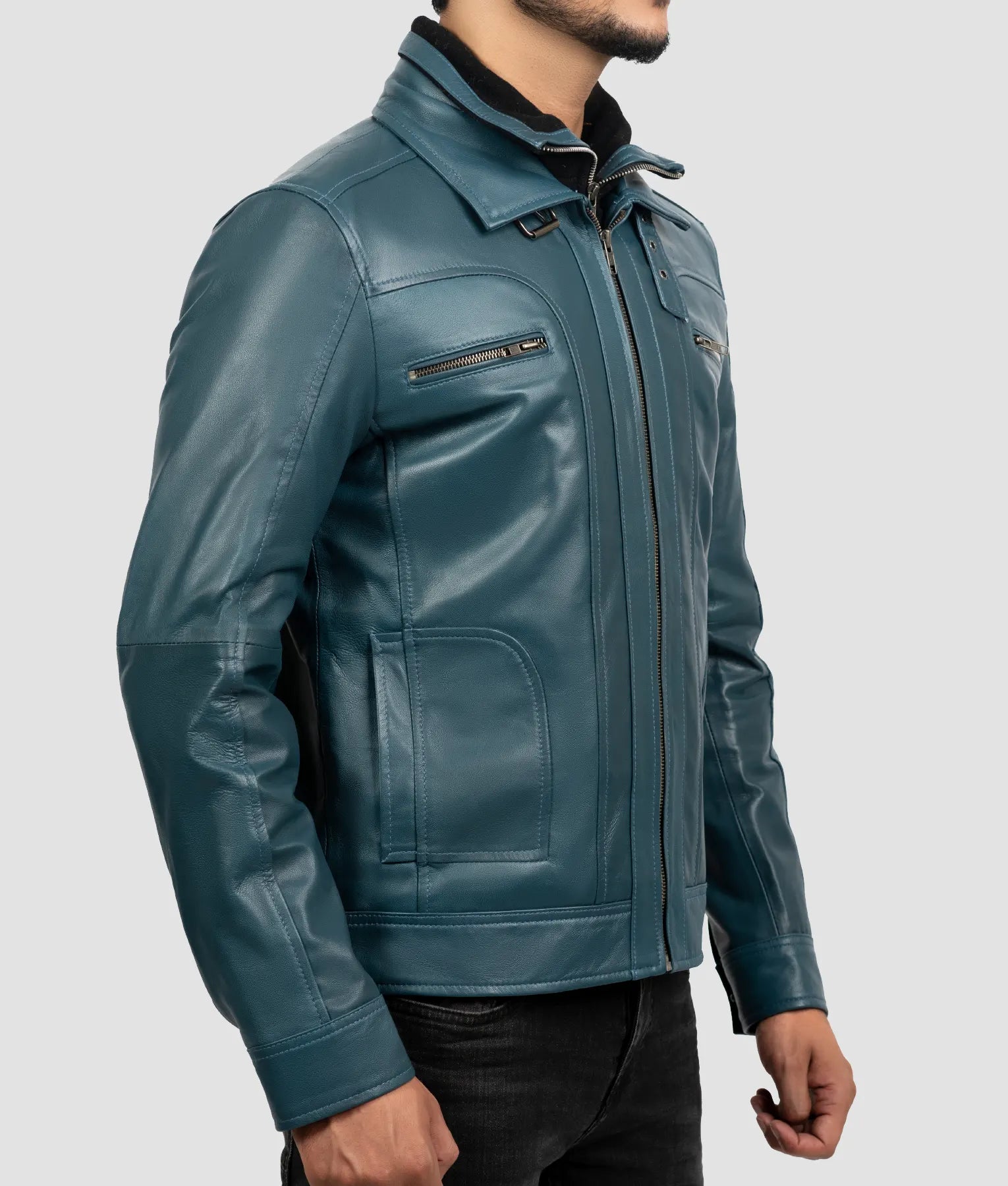 Mike Mens Teal Blue Cafe Racer Jacket |Mens Teal Blue Cafe Racer Jacket-3