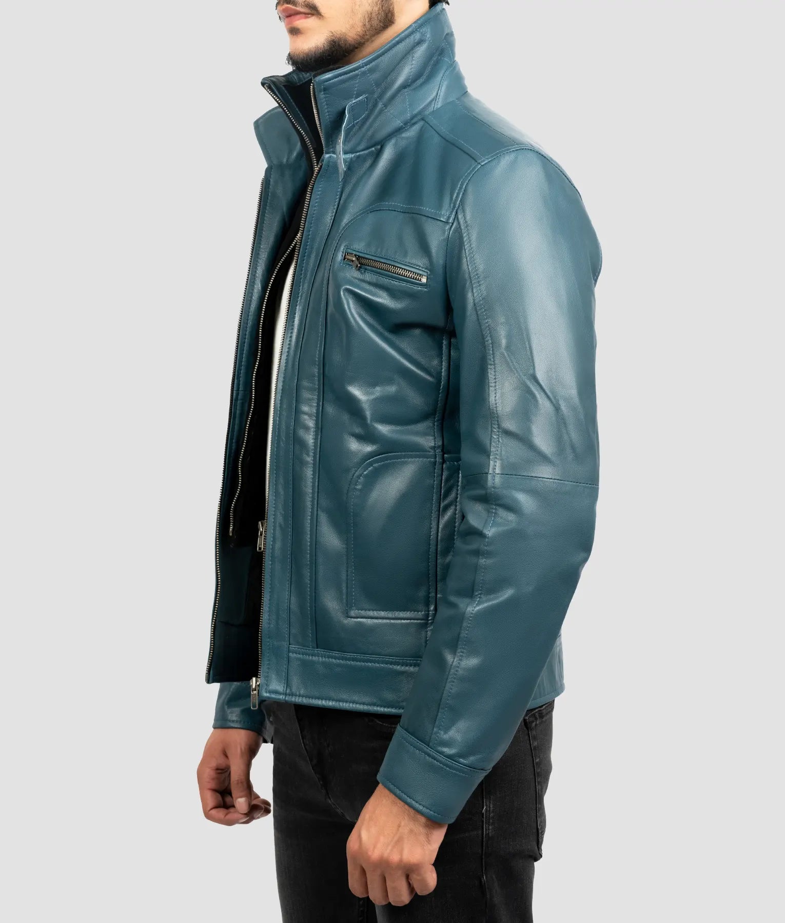 Mike Mens Teal Blue Cafe Racer Jacket |Mens Teal Blue Cafe Racer Jacket-4