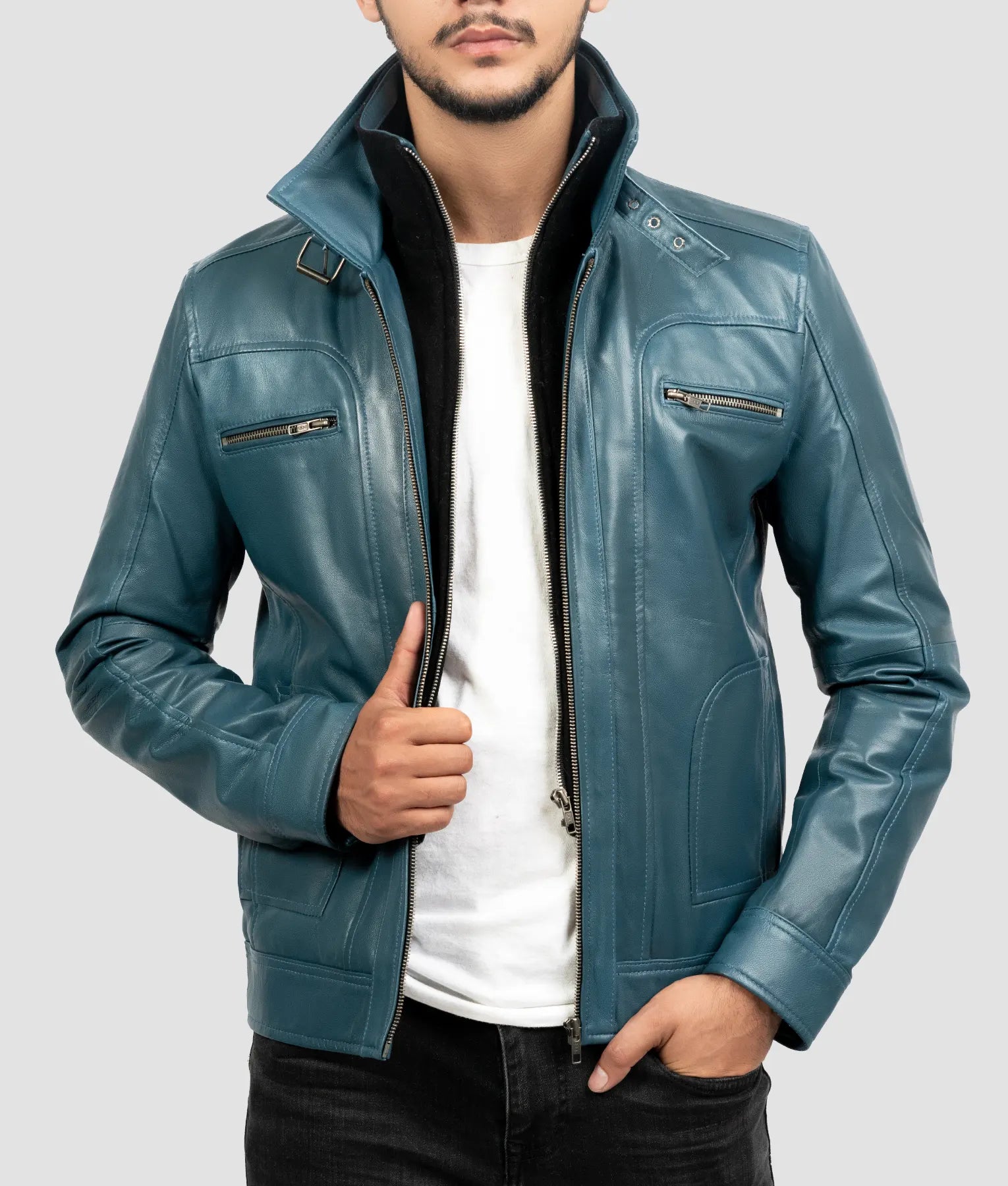 Mike Mens Teal Blue Cafe Racer Jacket |Mens Teal Blue Cafe Racer Jacket-2