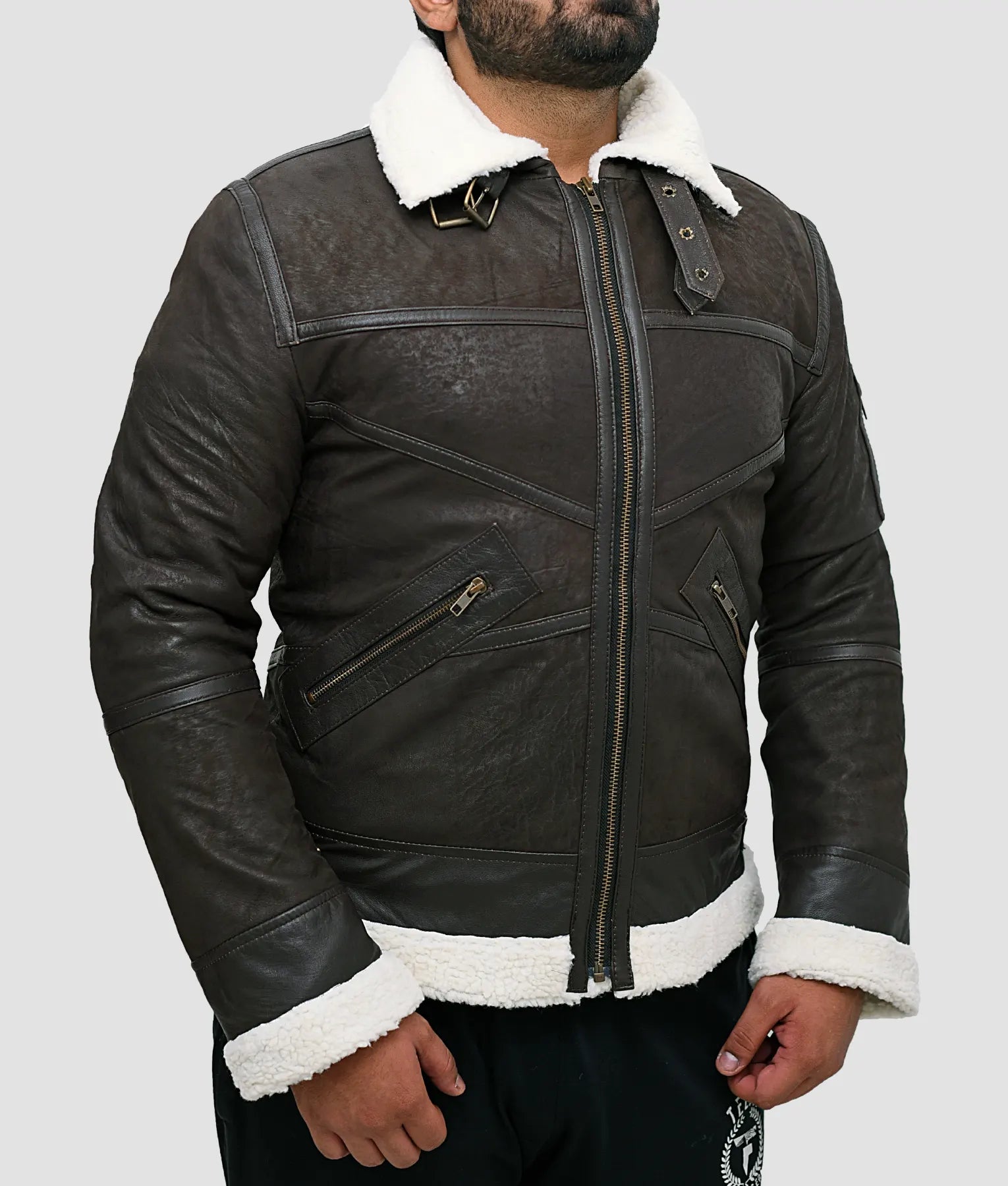 Ralph Mens Distressed Dark Brown B3 Shearling Bomber Jacket | Mens Distressed Dark Brown B3 Shearling Bomber Jacket-3
