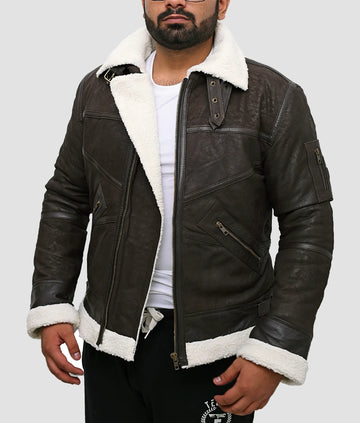 Ralph Mens Distressed Dark Brown B3 Shearling Bomber Jacket | Mens Distressed Dark Brown B3 Shearling Bomber Jacket-1