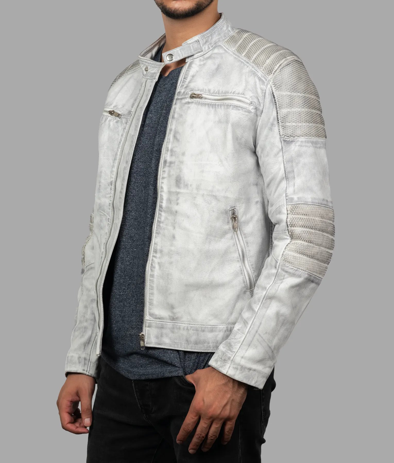 Rick Mens Grey Leather Biker Jacket | Mens Grey Leather Biker Jacket-1