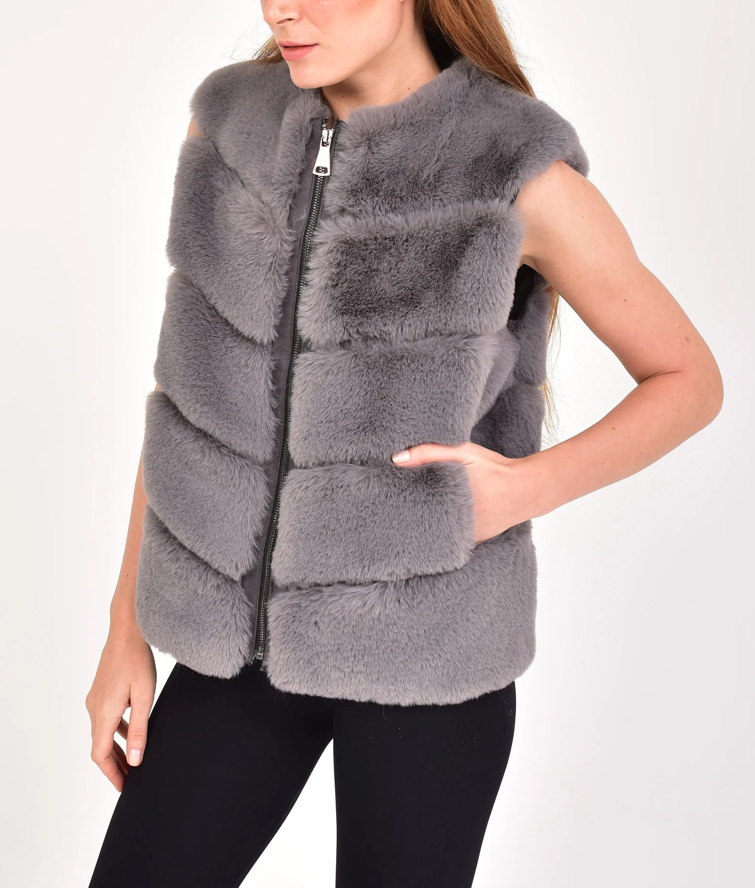 Rylee Womens Grey Fur Vest | Womens Grey Fur Vest-3