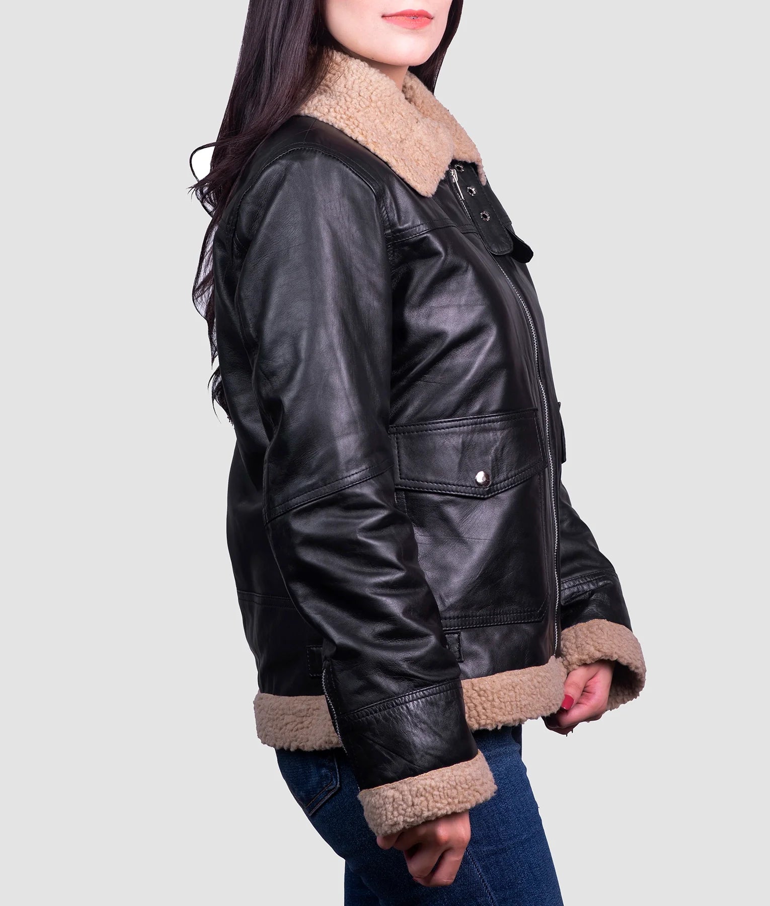 Sara Womens Black Shearling Aviator Jacket | Womens Black Shearling Aviator Jacket-3