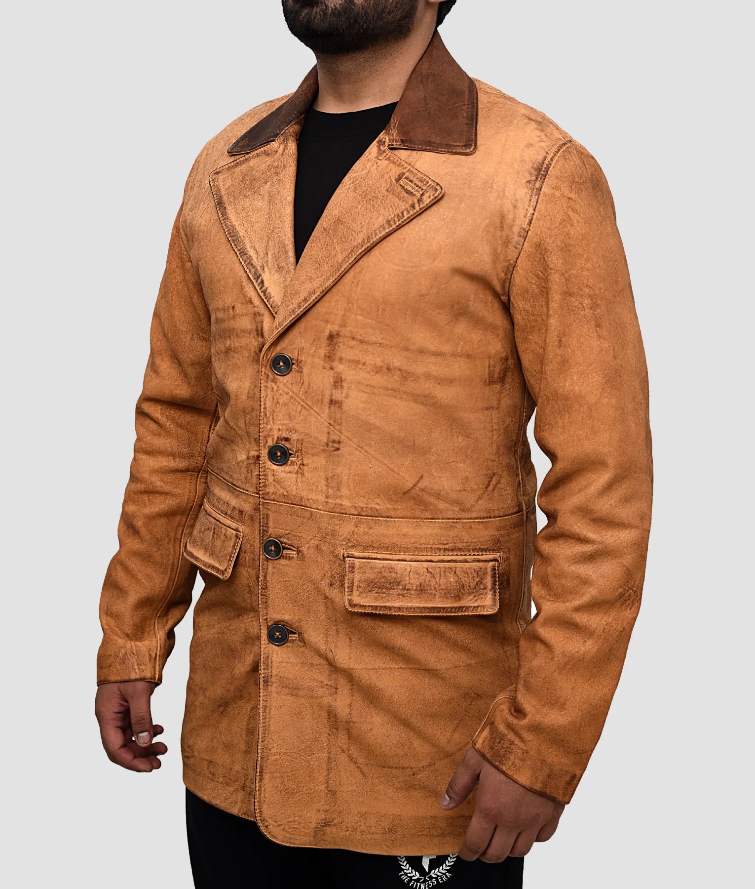 Steve Mens Tan Distressed Leather Car Coat | Mens Tan Distressed Leather Car Coat-4
