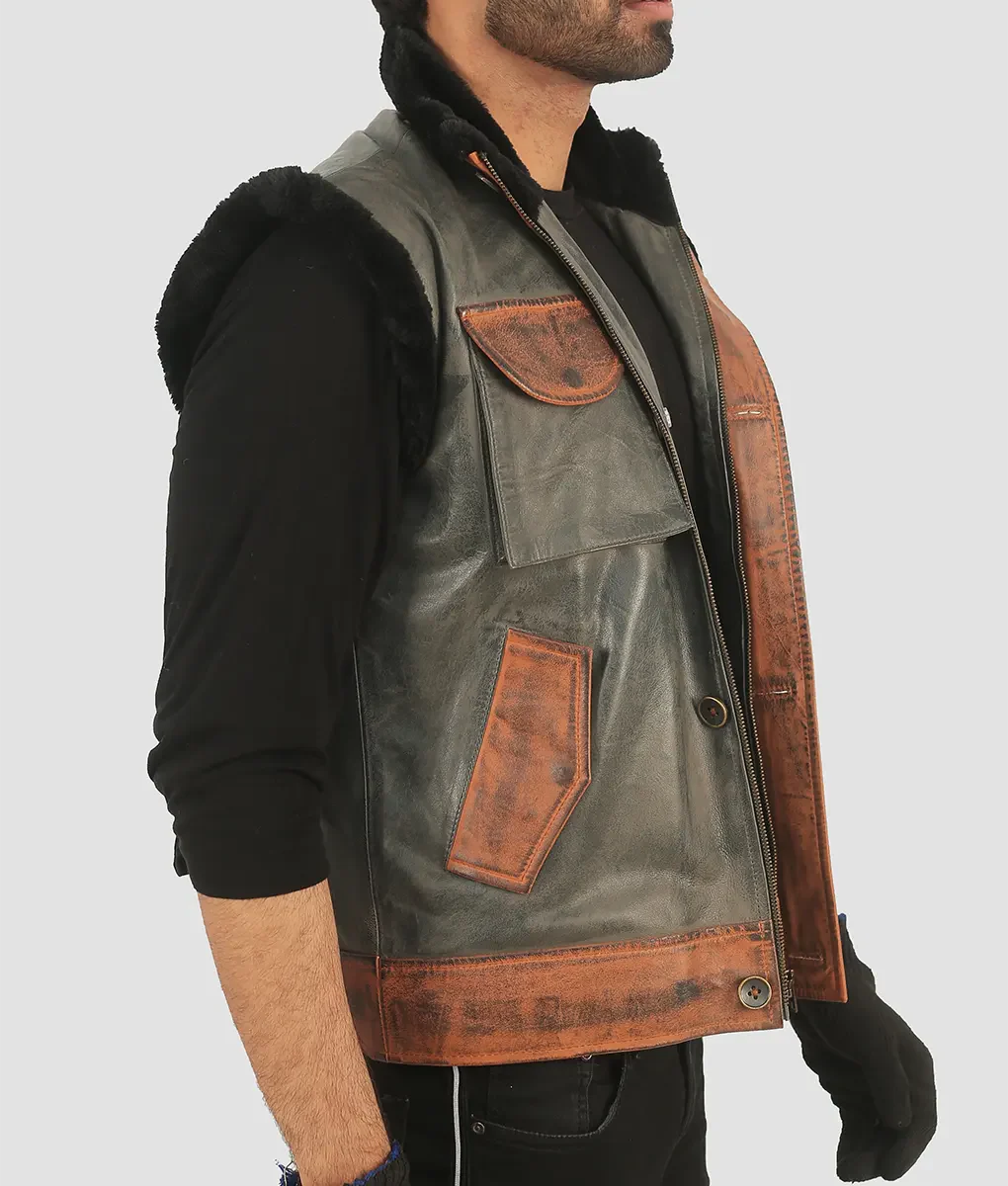 Trevor Mens Grey & Brown Leather Vest My Store
