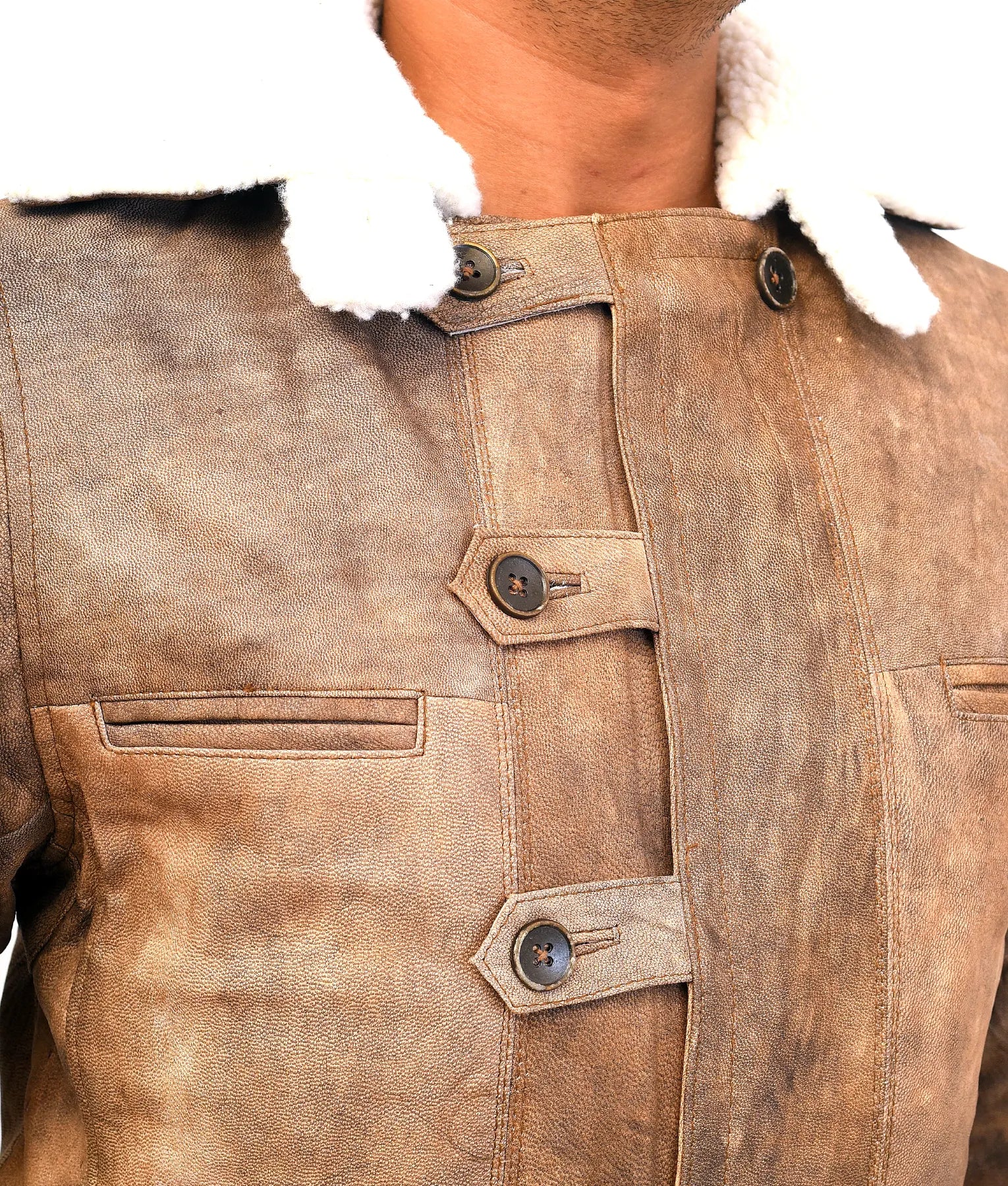 Victor Mens Distressed Brown Leather Coat | Mens Shearling Brown Leather Coat-4