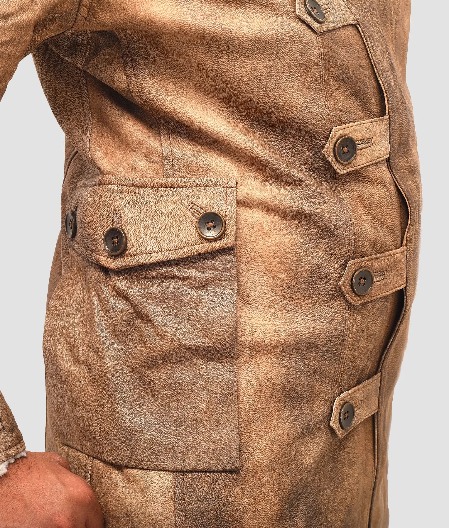 Victor Mens Distressed Brown Leather Coat | Mens Shearling Brown Leather Coat-5