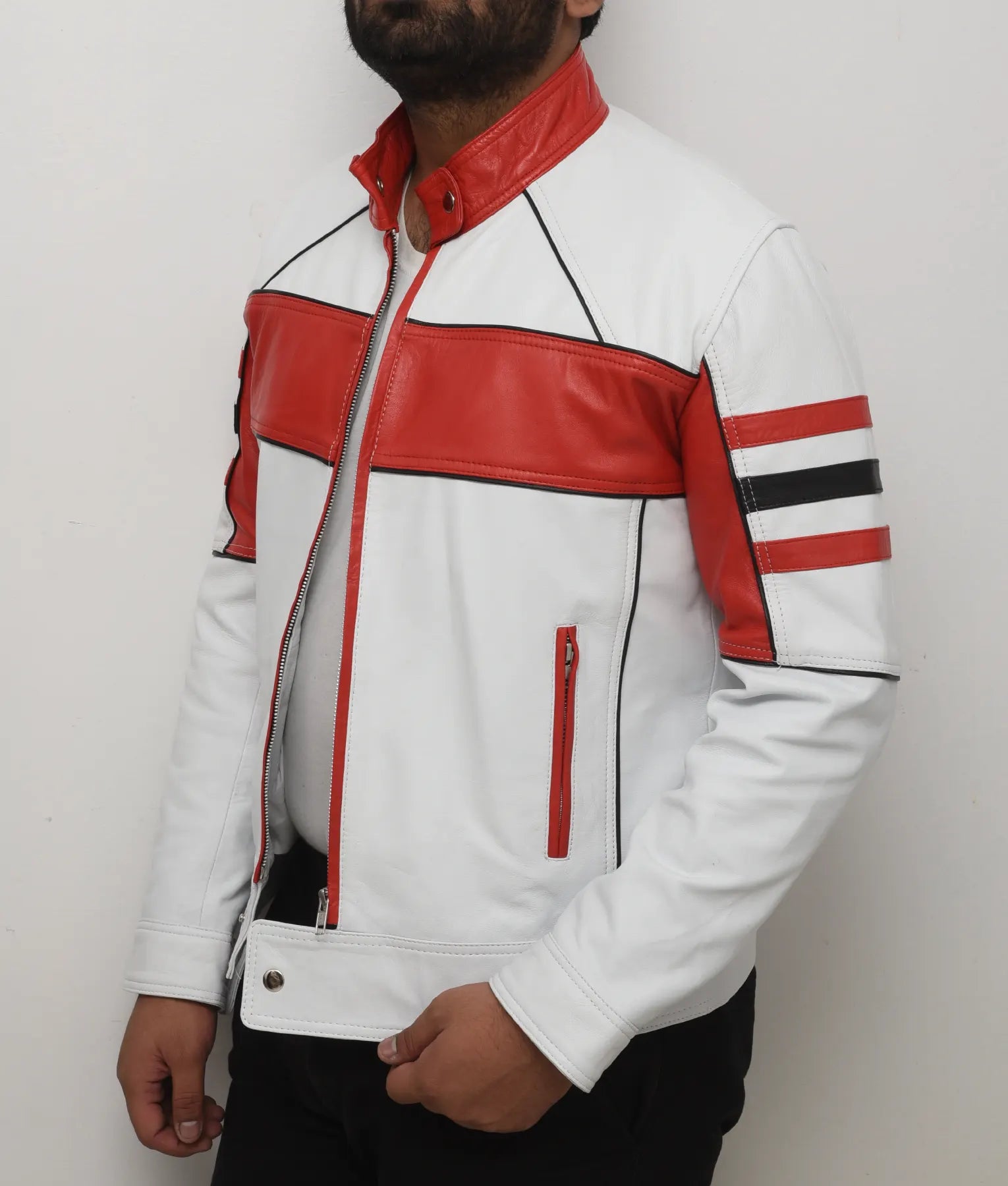 Vince Mens Red & White Cafe Racer Jacket | Mens Red & White Cafe Racer Jacket-4